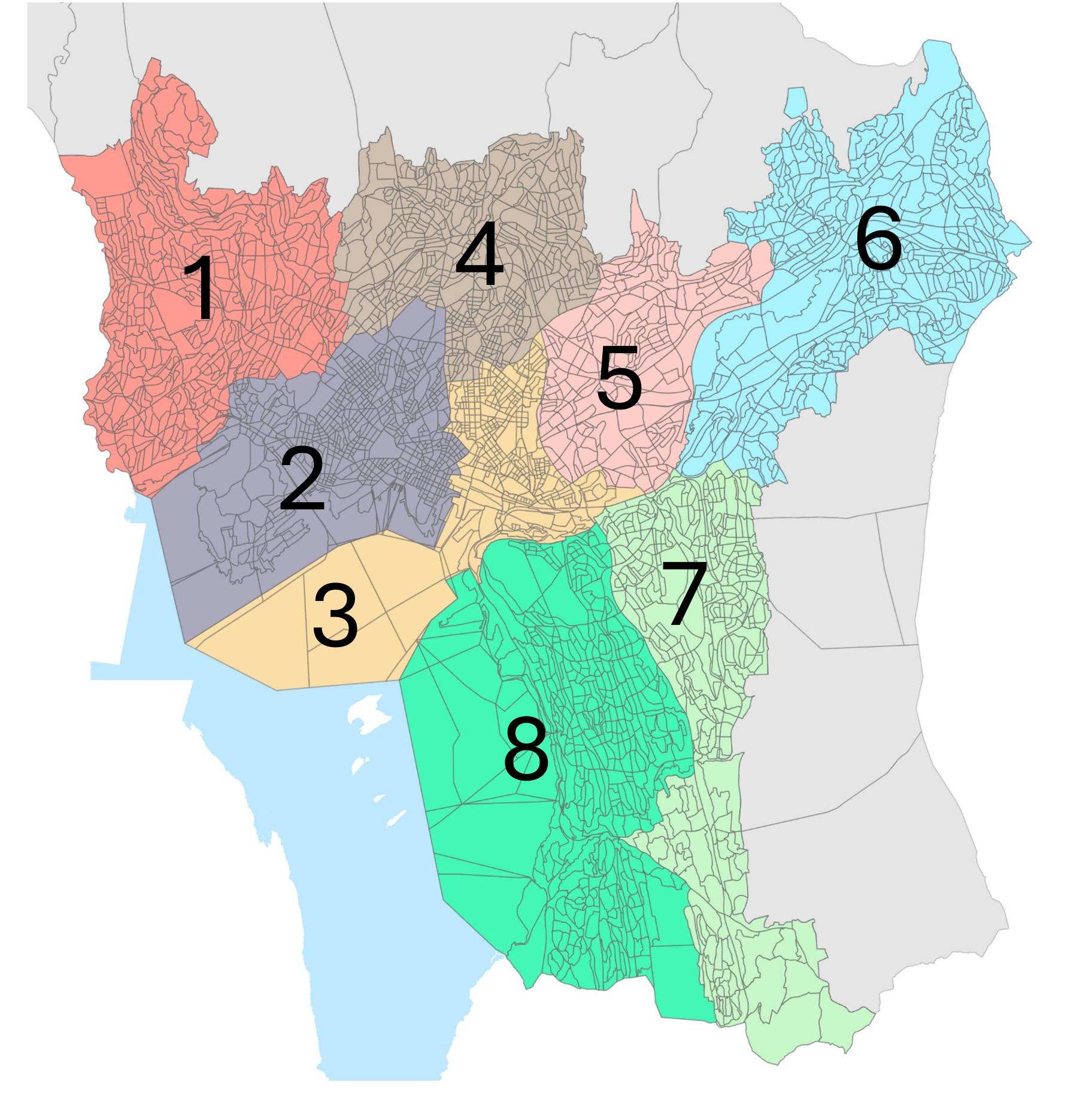 Kart som viser bydelsinndelingen for forslaget til fremtidige bydeler. 