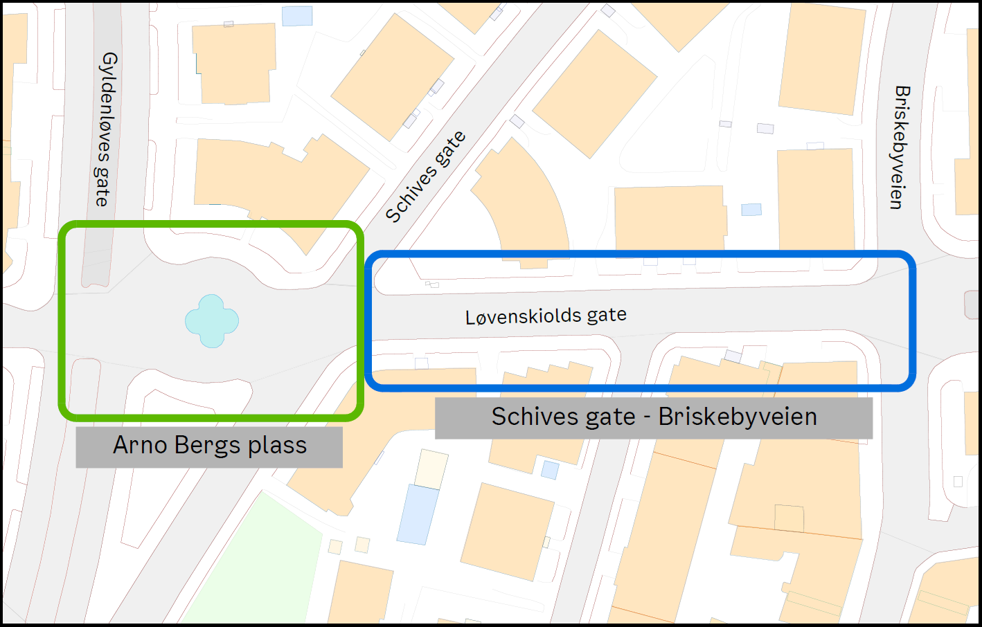 Bilde av kart med Arno Bergs plass og Schives gate - Briskebyveien. 