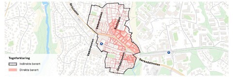 Kart som viser eiendommene som berøres av forprosjektet med å kartlegge mulige innganger til tunellen fra øst.