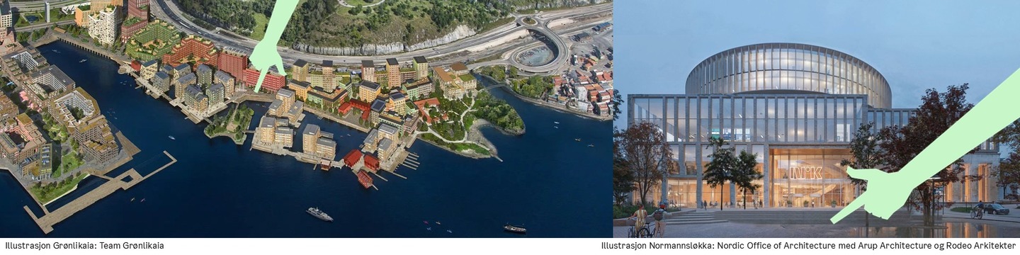 Illustrasjoner som viser planene for utbygging av Grønlikaia og Normannsløkka på Ensjø.