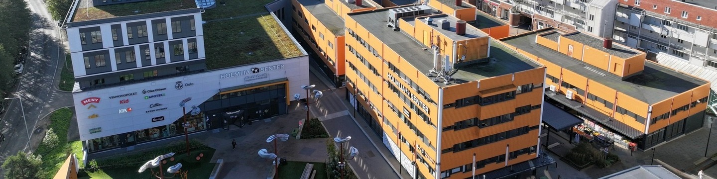 Et boligområde og bydelshuset sett fra fugleperspektiv