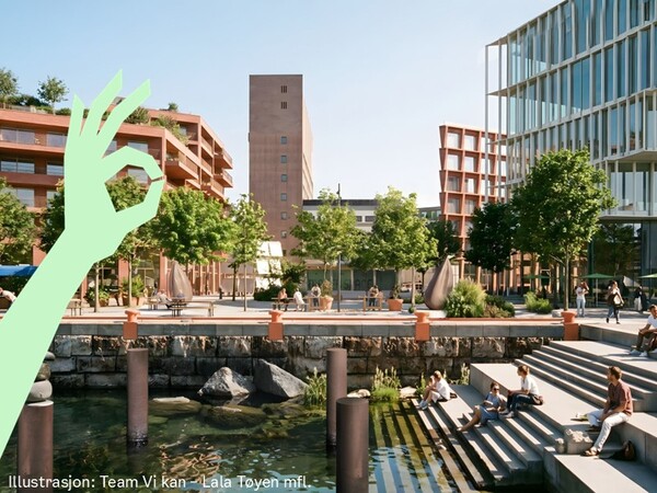 Illustrasjon av byrom ved vannkanten på Odas plass