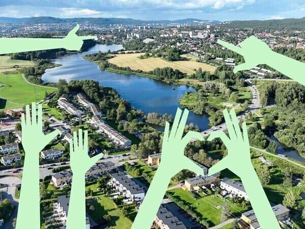 Dronebilde av Østensjø med illustrerte hender som peker og rekker opp hånda