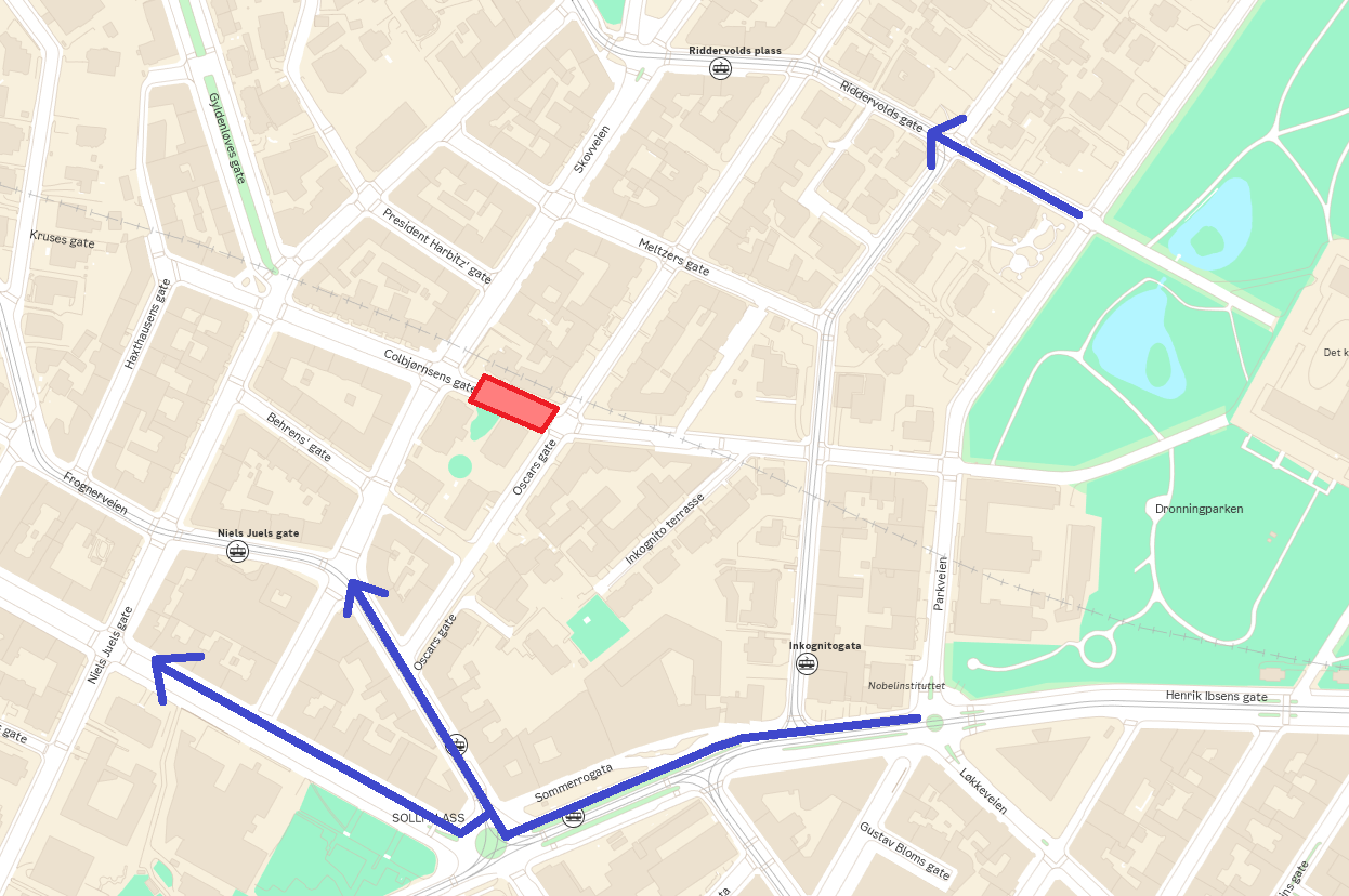 Oversiktskart som viser at Colbjørnsens gate er stengt for gjennomkjøring for bil ved Oscars gate. Piler markerer noen gater hvor det antas at det kan komme mer biltrafikk. Det er Riddervolds gate, Frognerveien og Bygdøy allé