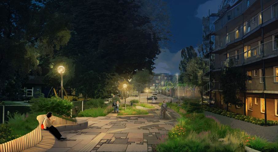 Illustrasjon fra Zenisk og Henning Larsen av Seilduksgata som parkgate med belysning og en nattidentitet