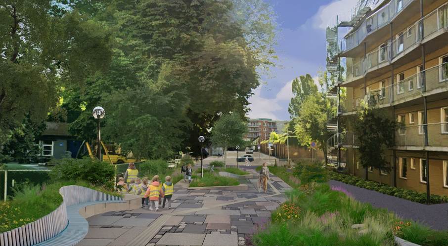 Illustrasjon fra Henning Larsen av parkgata i Seilduksgata