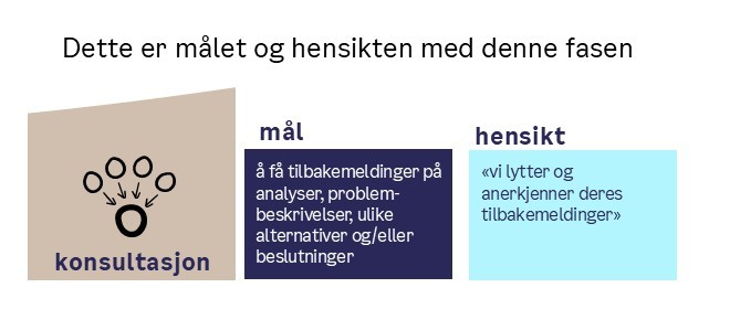 Målet med denne fasen er å få tilbakemeldinger på analyser, problembeskrivelser, ulike alternativer og/eller beslutninger. Hensikten er å lytte til og anerkjenne deres tilbakemeldinger.