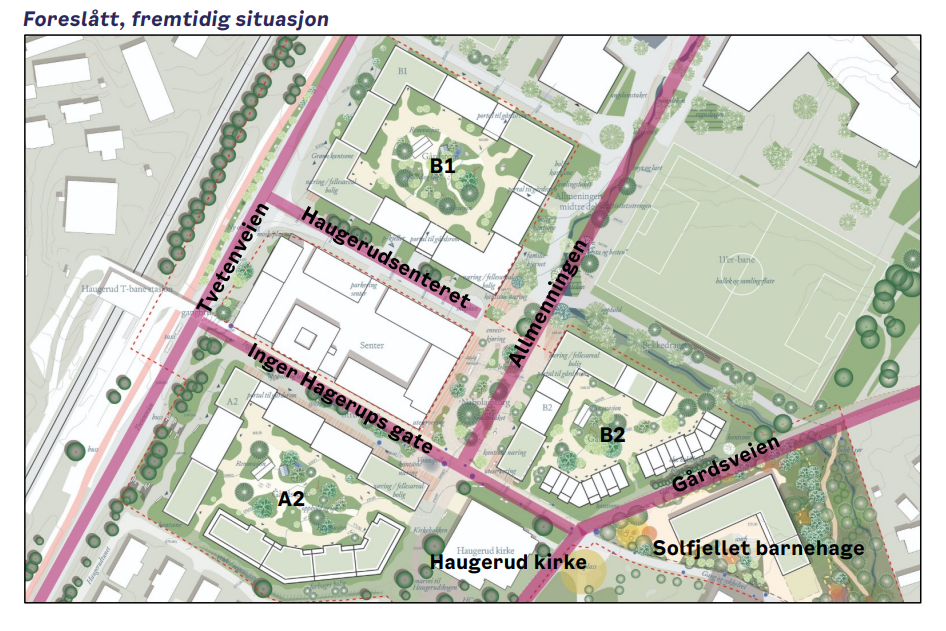 Bilde av planforslaget i en fremtidig situasjon, hvor tre boligkvartaler transformeres, B1 (oversiden av Haugerudsenteret) og B2 (på nedsiden av 11'er bane), samt A2 (ved siden av Haugerud kirke).