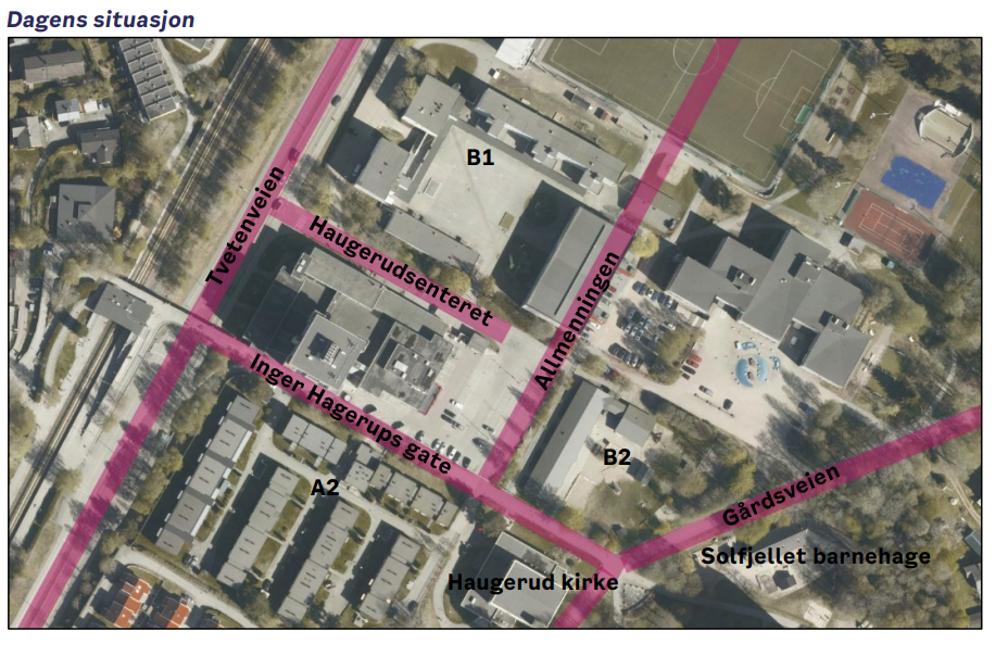 Bilde av dagens plankart og nåsituasjon i fugleperspektiv, rundt Haugerudsenteret.